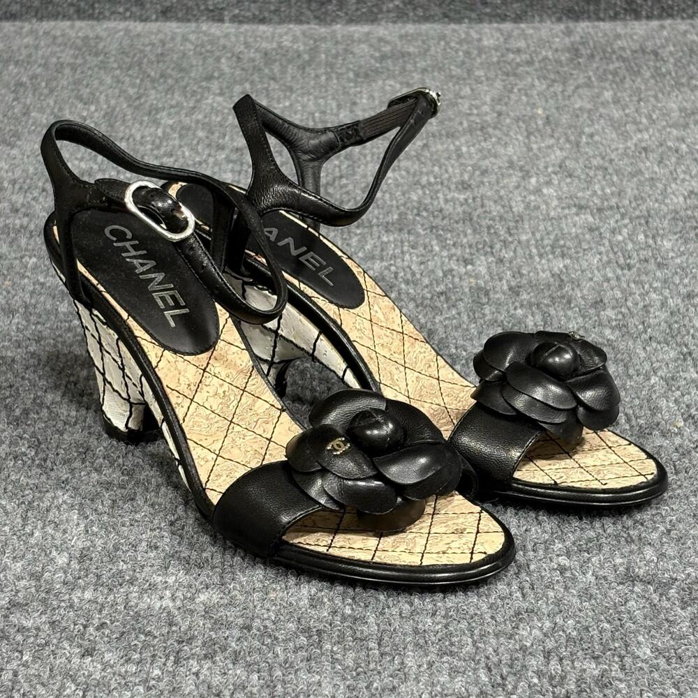 Chanel Wedge Sandals Womens 5 EU 35.5 Black Flower Camellia Ankle Strap Leather
